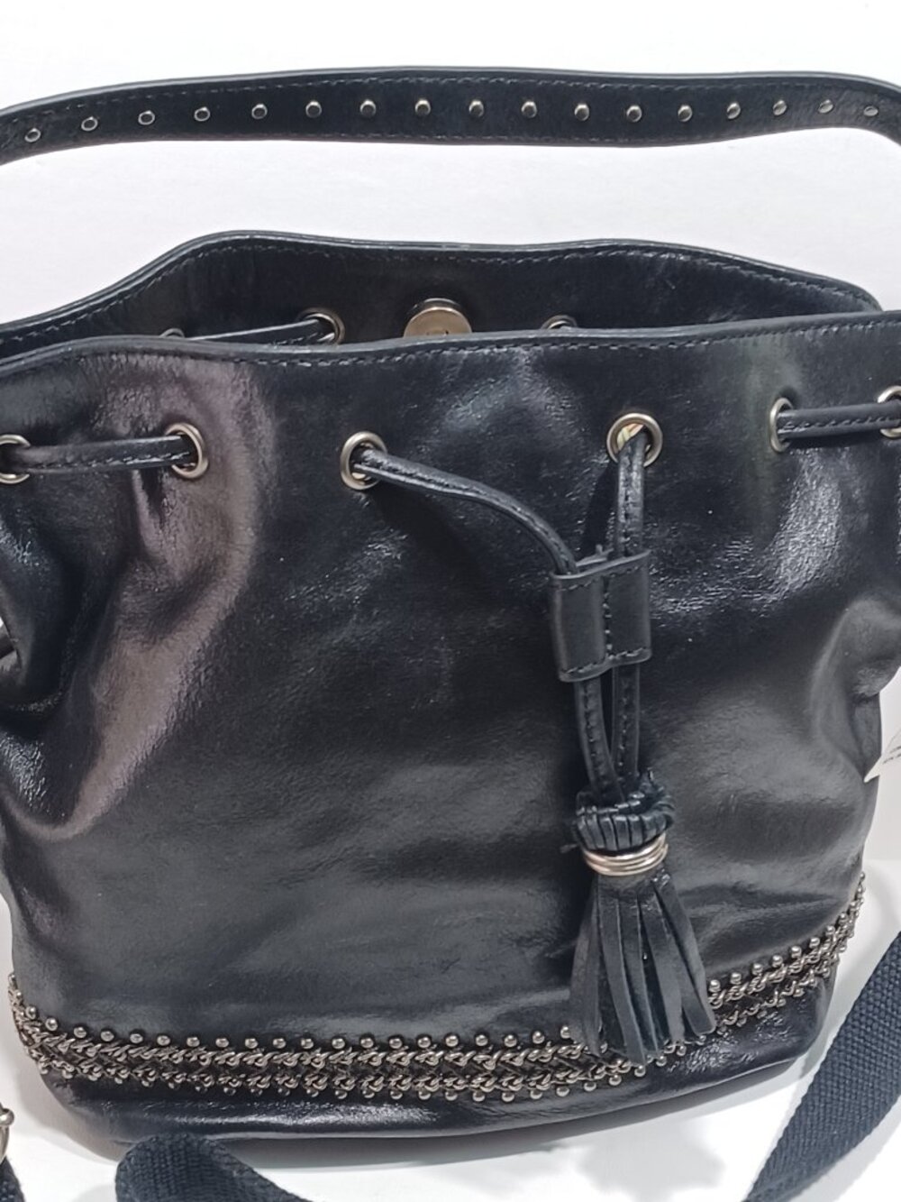 NWT The Sac Ukiah Black Leather Heritage Style Drawstring Bucket Bag - Picture 2 of 13
